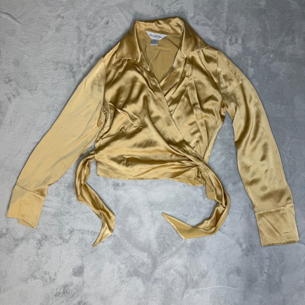 Brooks Brothers 100% Silk Wrap Blouse Women 8 Gold Champagne Tie Front USA